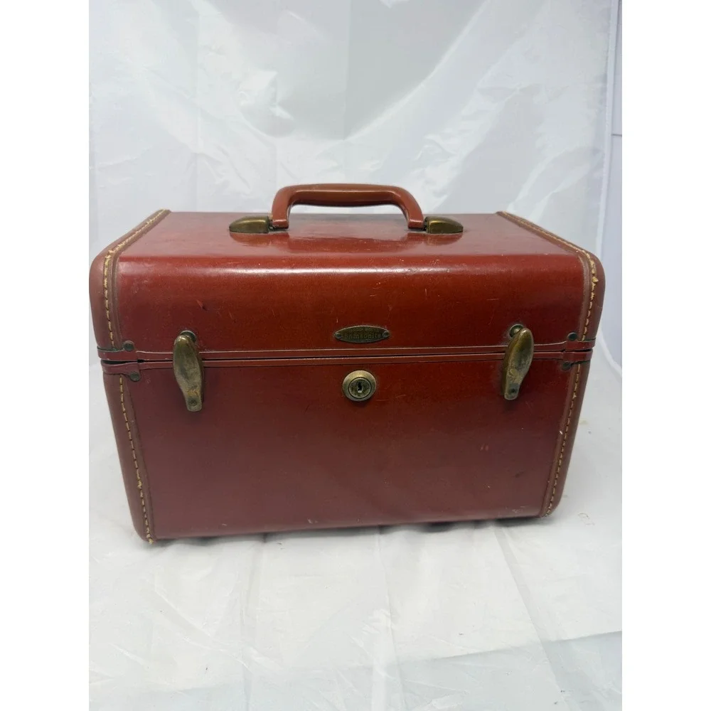 Vintage Samsonite Train Case Shwayder Bros Red Brown Hard Shell Vanity Luggage
